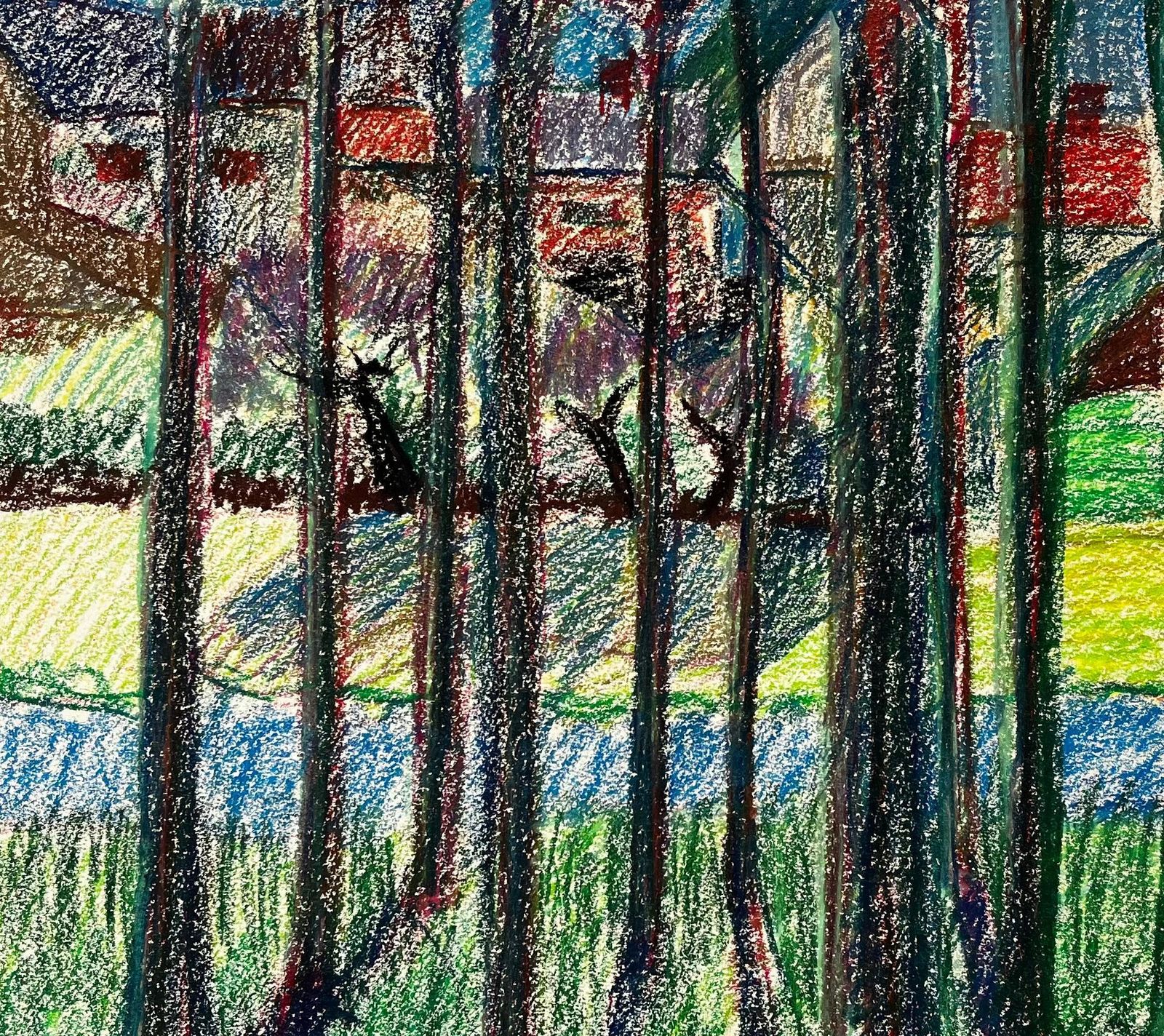 Guy Nicod Colourful French Village Landscape Seen Through Trees Pastel Drawing photo buy