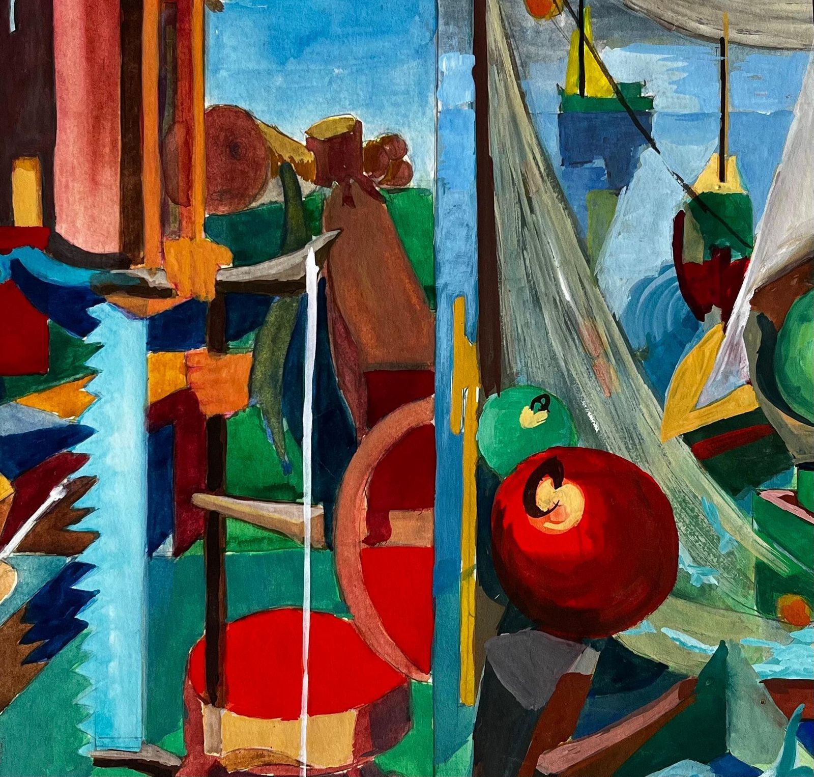 Guy Nicod Cubist Harbour Scene With Boats Nets And Fishing Equipment photo vinterior
