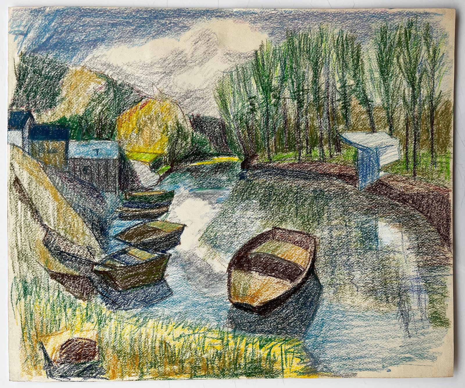 Guy Nicod French Riverbank Scene With Rowboats Trees And Reflections Pastel Drawing photo furniture