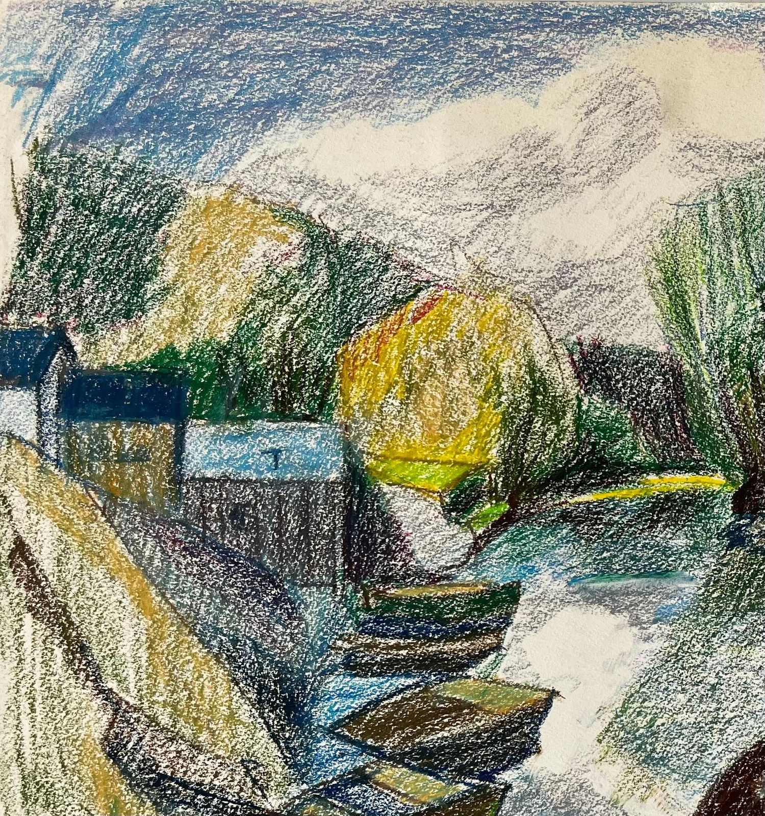 Guy Nicod French Riverbank Scene With Rowboats Trees And Reflections Pastel Drawing photo for sale