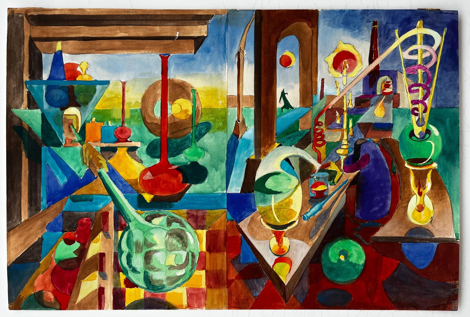 Guy Nicod Cubist Still Life With Glass Bottles Vessels And Abstract Architectural Interior photo for sale