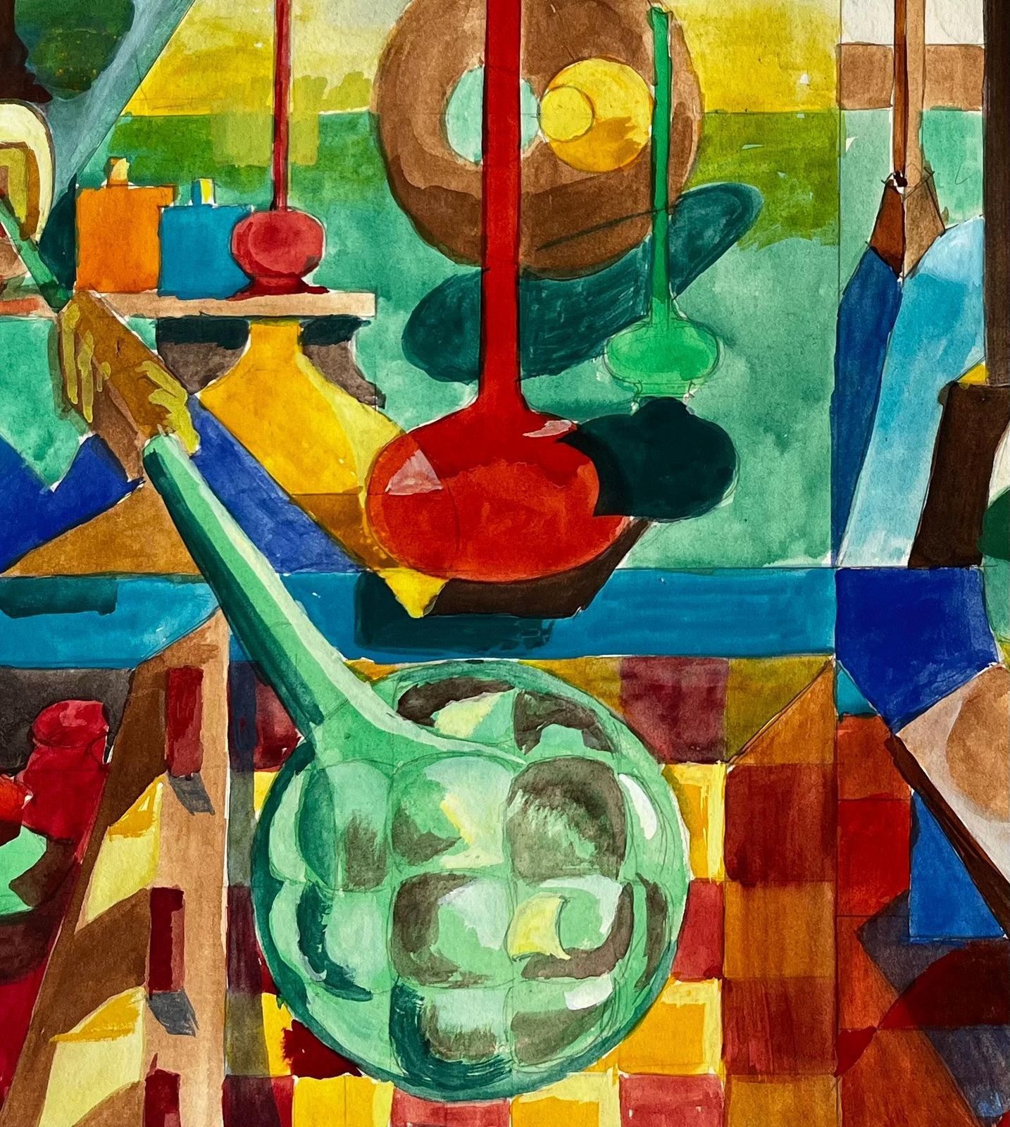 Guy Nicod Cubist Still Life With Glass Bottles Vessels And Abstract Architectural Interior photo vintage