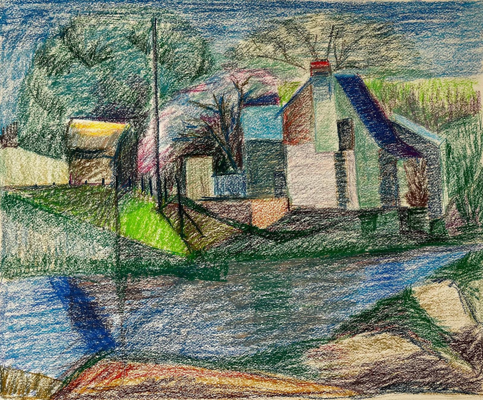 Guy Nicod French Riverside House With Pink Blossom And Blue Roof Pastel Drawing