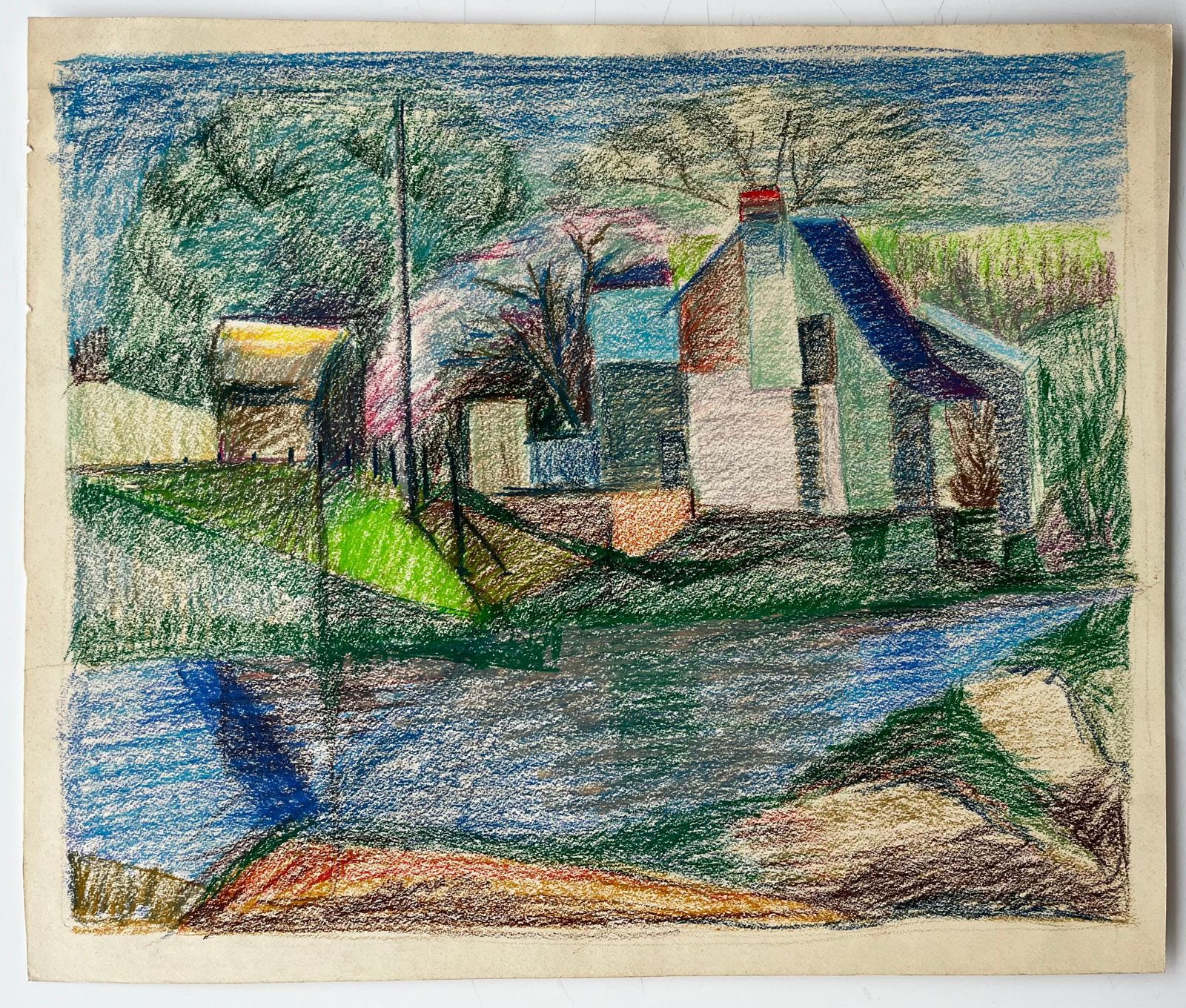 Guy Nicod French Riverside House With Pink Blossom And Blue Roof Pastel Drawing photo furniture