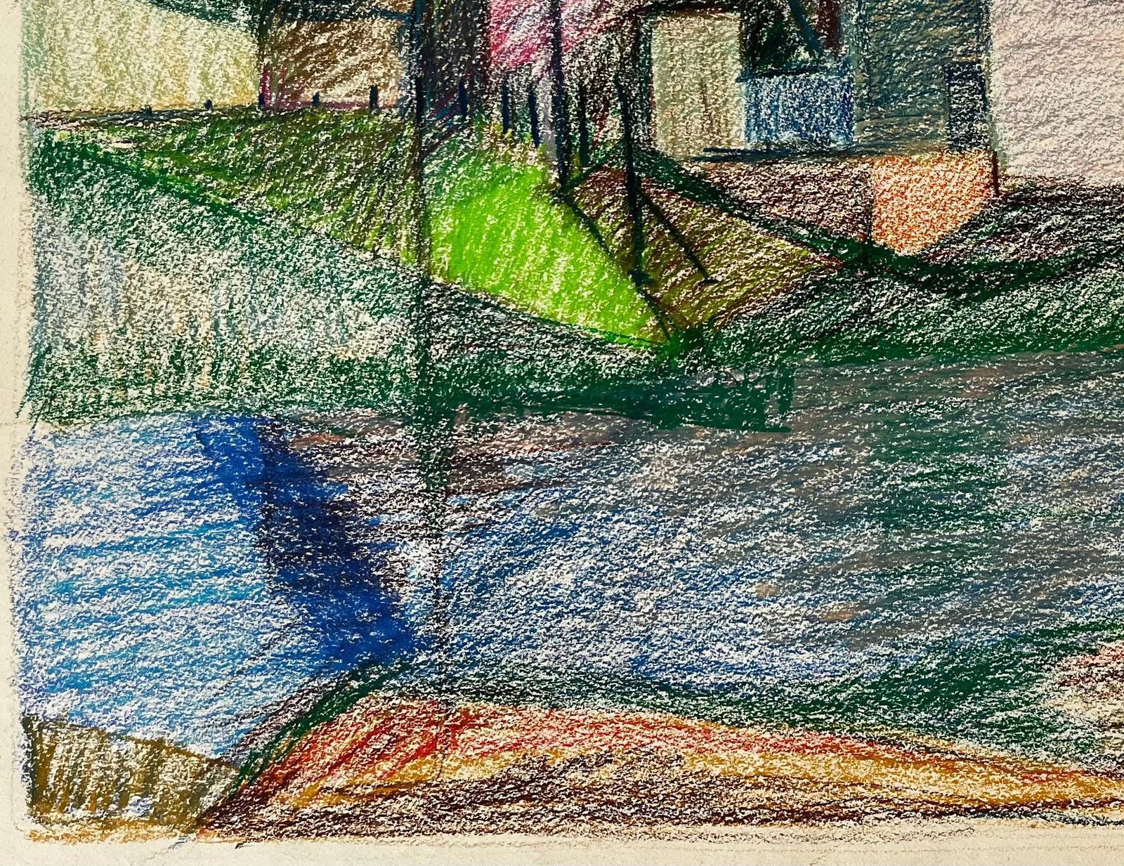 Guy Nicod French Riverside House With Pink Blossom And Blue Roof Pastel Drawing photo 635.0
