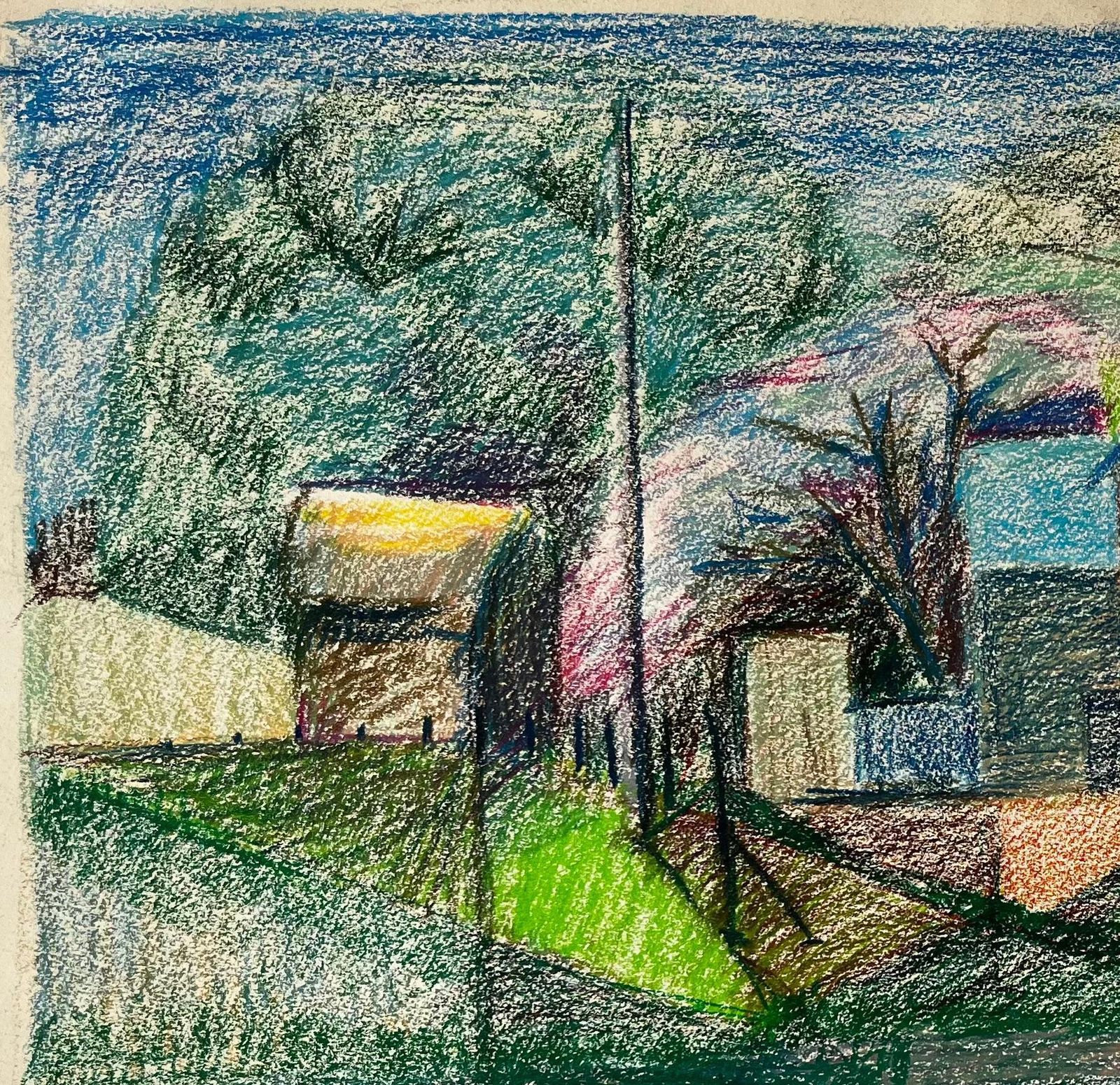 Guy Nicod French Riverside House With Pink Blossom And Blue Roof Pastel Drawing photo vinterior