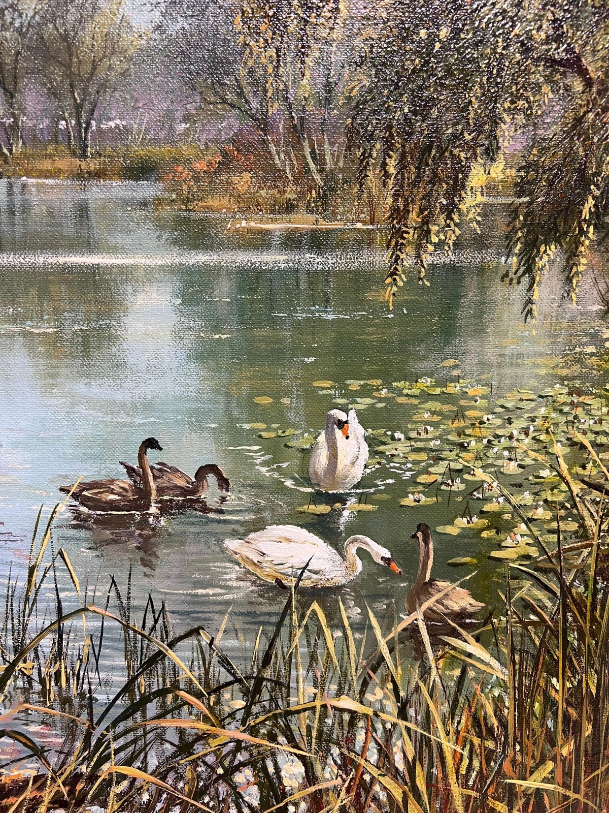 Art Don Vaughanlarge Traditional English Summer River Landscape Oil Painting Swans Cygnets photo