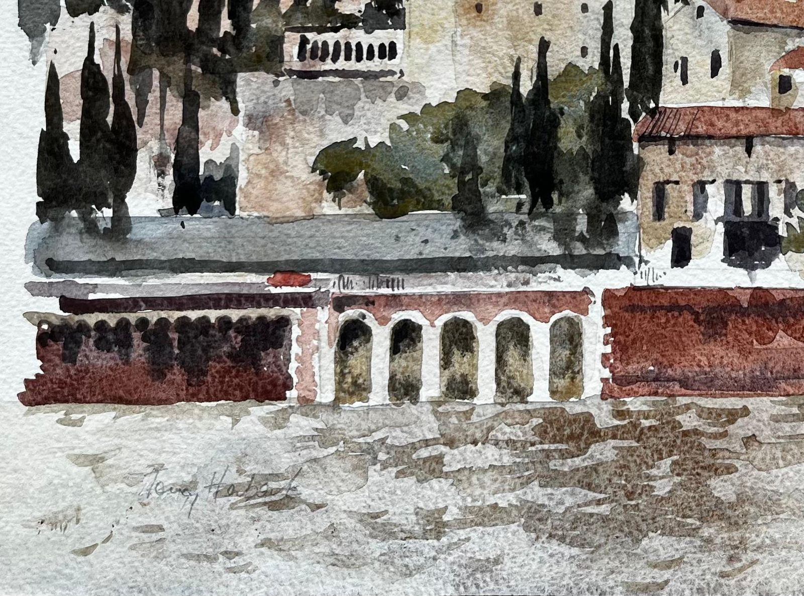 Anthony Herbertblackstone Quay Sunlit Italy Landscape May 1998 Signed Watercolour Painting1998 photo 435.0