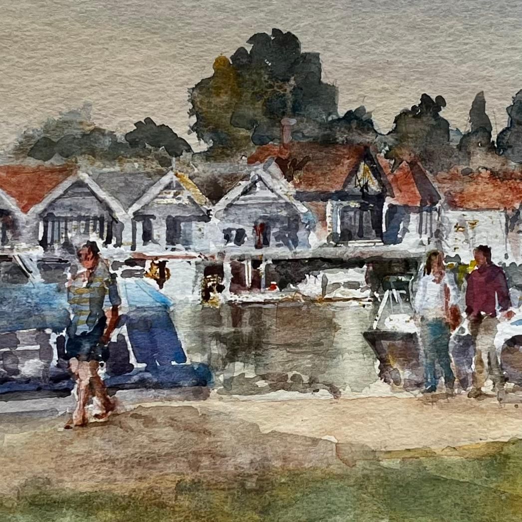 Anthony Herberthenley Boathouses With Walkers And River Boats Original Thames Watercolour photo buy