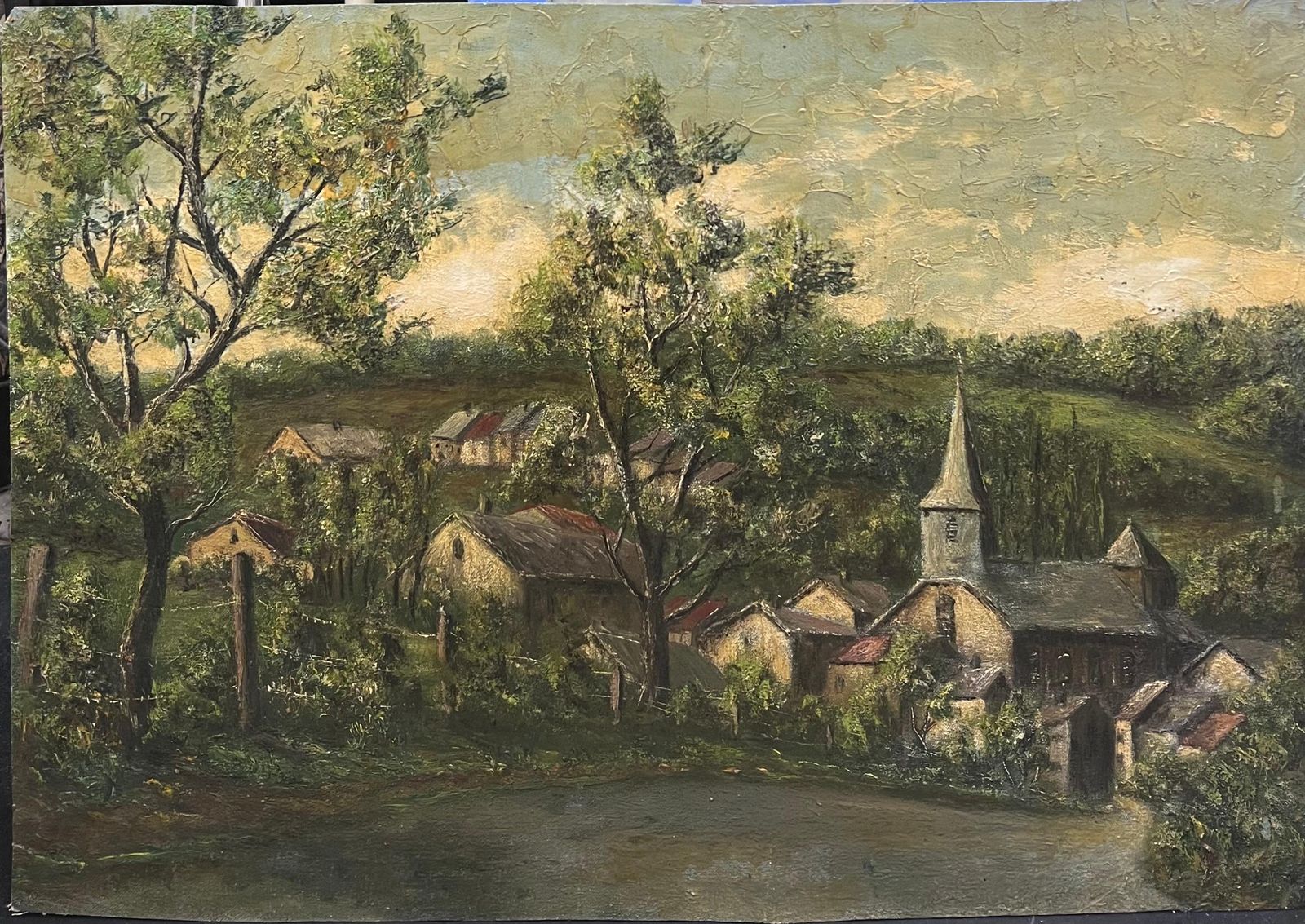 Jean Fouriespine Church And Cottages In The Bright Green Field Landscape Oil Painting photo Art