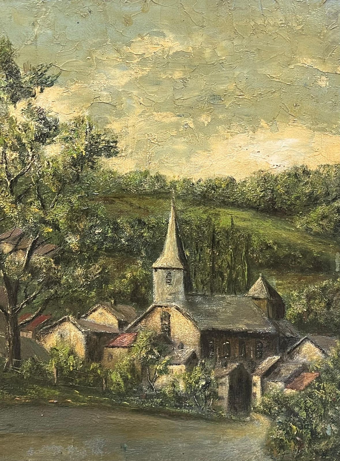 Jean Fouriespine Church And Cottages In The Bright Green Field Landscape Oil Painting photo 504.0