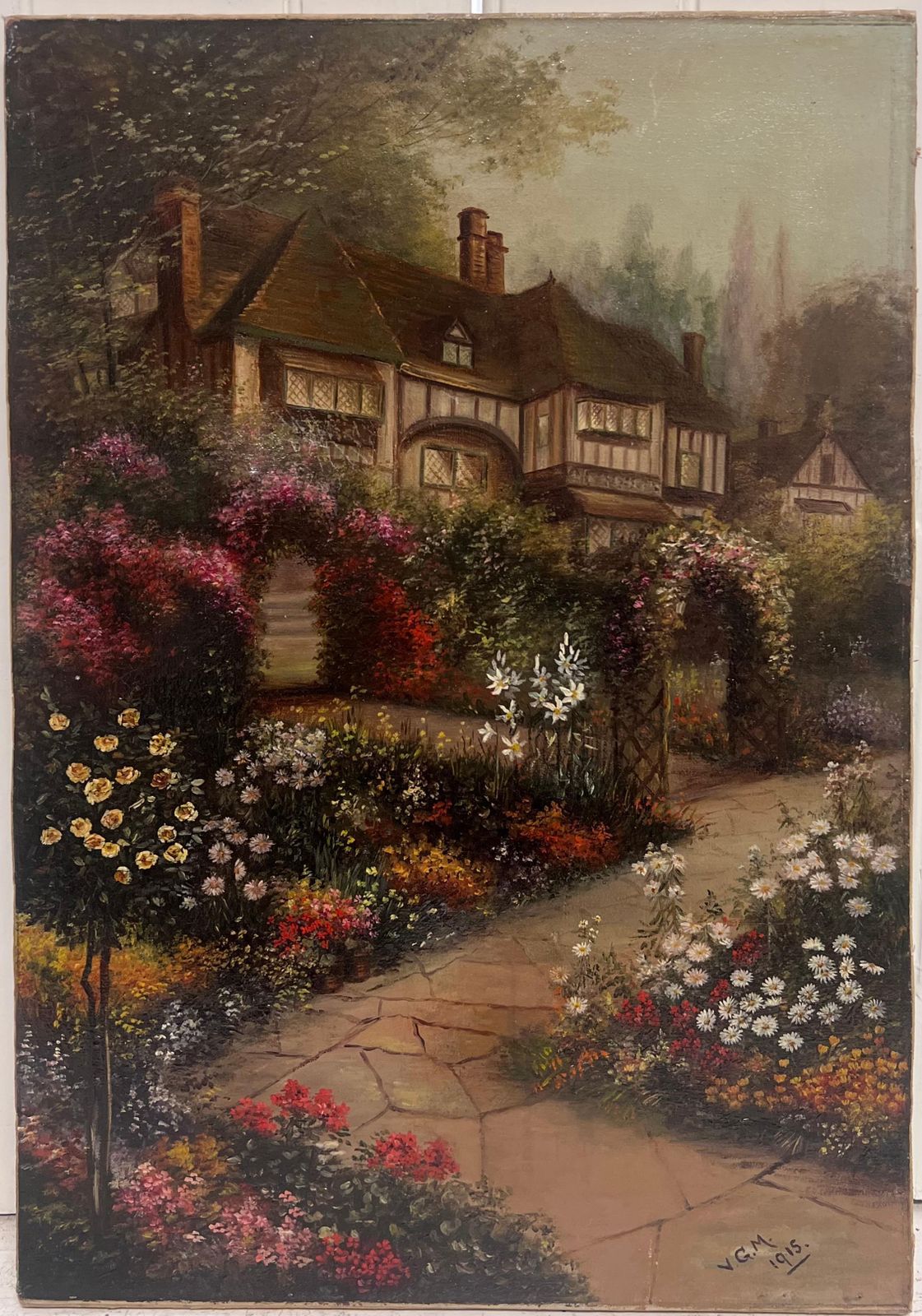 Early 20th Century English Schoolantique English Oil Painting Old Tudor House And Flower Garden Twilight Dusk1915 photo furniture