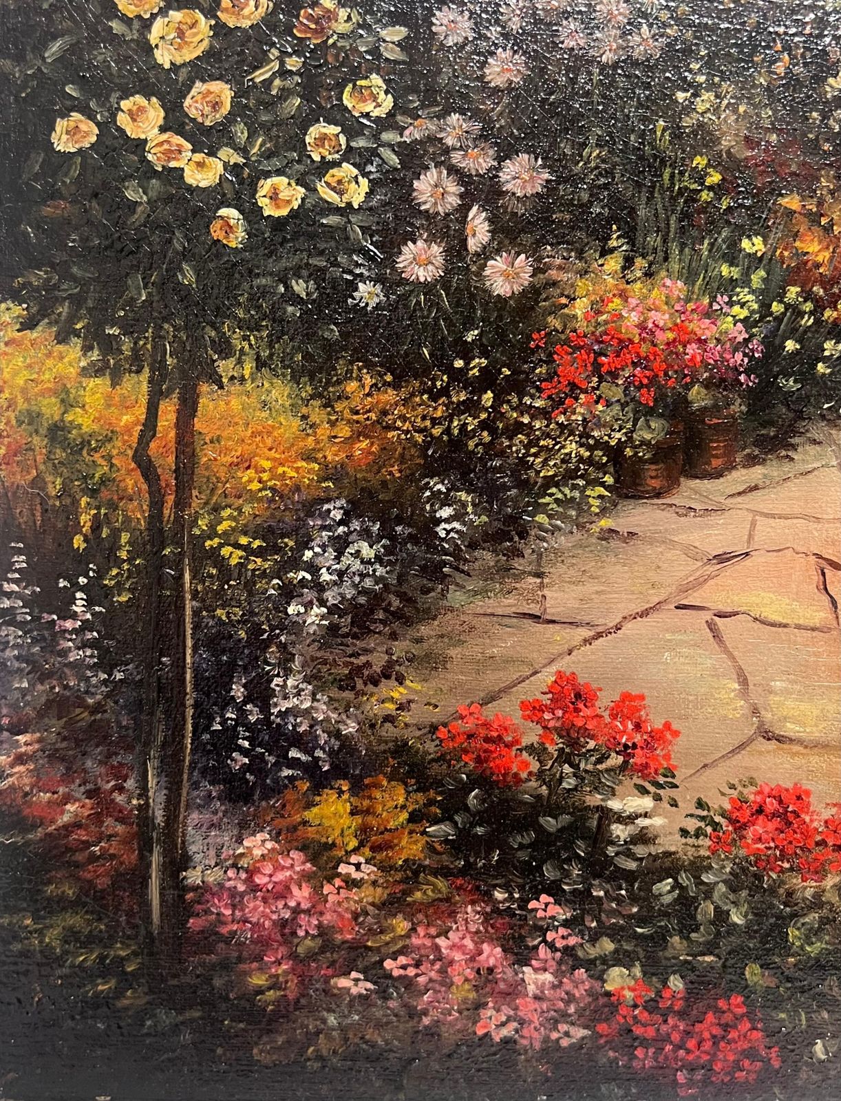 Early 20th Century English Schoolantique English Oil Painting Old Tudor House And Flower Garden Twilight Dusk1915 photo for sale