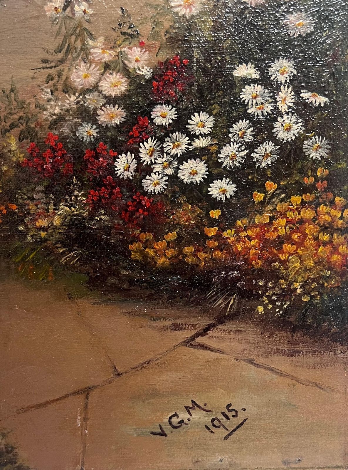 Early 20th Century English Schoolantique English Oil Painting Old Tudor House And Flower Garden Twilight Dusk1915 photo 712.0