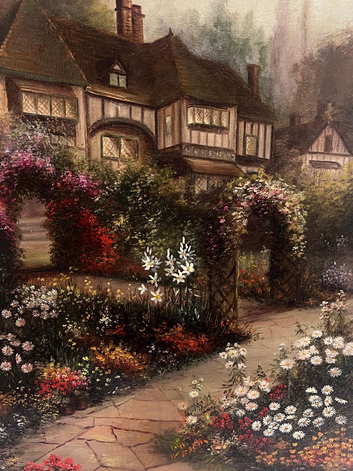 Early 20th Century English Schoolantique English Oil Painting Old Tudor House And Flower Garden Twilight Dusk1915 photo vinterior