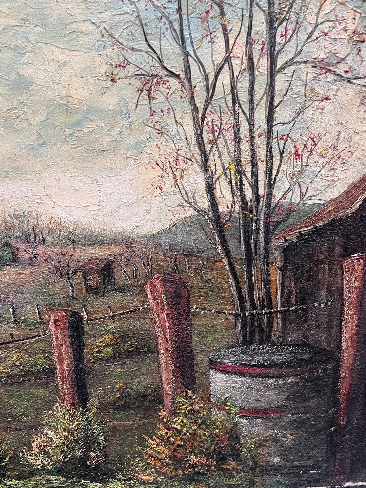 Jean Fouriefarmers Sheds In Fenced Off Farm Field Oil Landscape Painting photo for sale