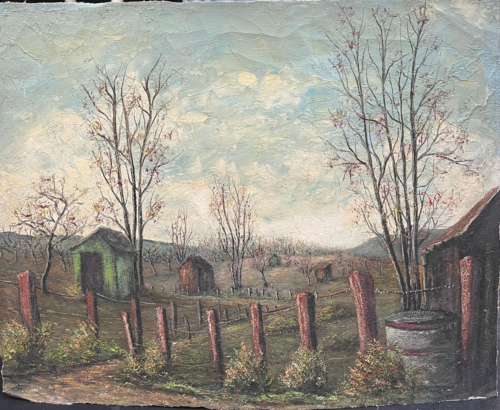 Jean Fouriefarmers Sheds In Fenced Off Farm Field Oil Landscape Painting photo vintage