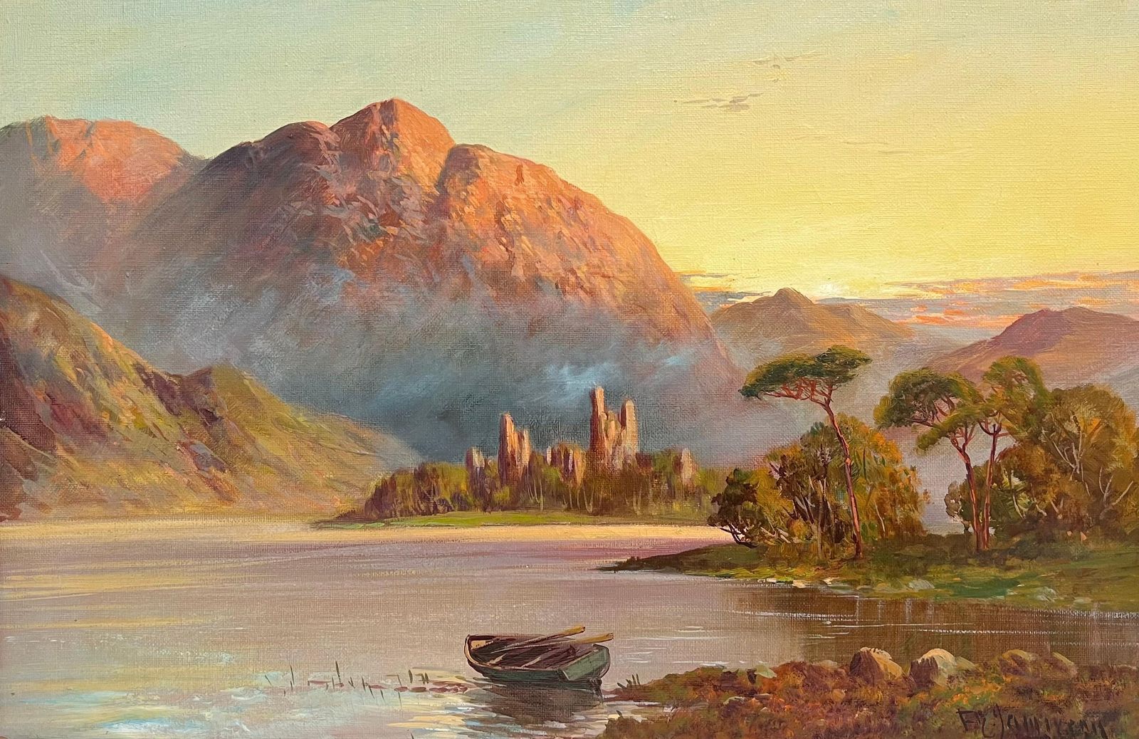 F. E. Jamiesonantique Scottish Painting Highlands Ancient Castle Ruins Sunset Over The Loch1920's photo furniture