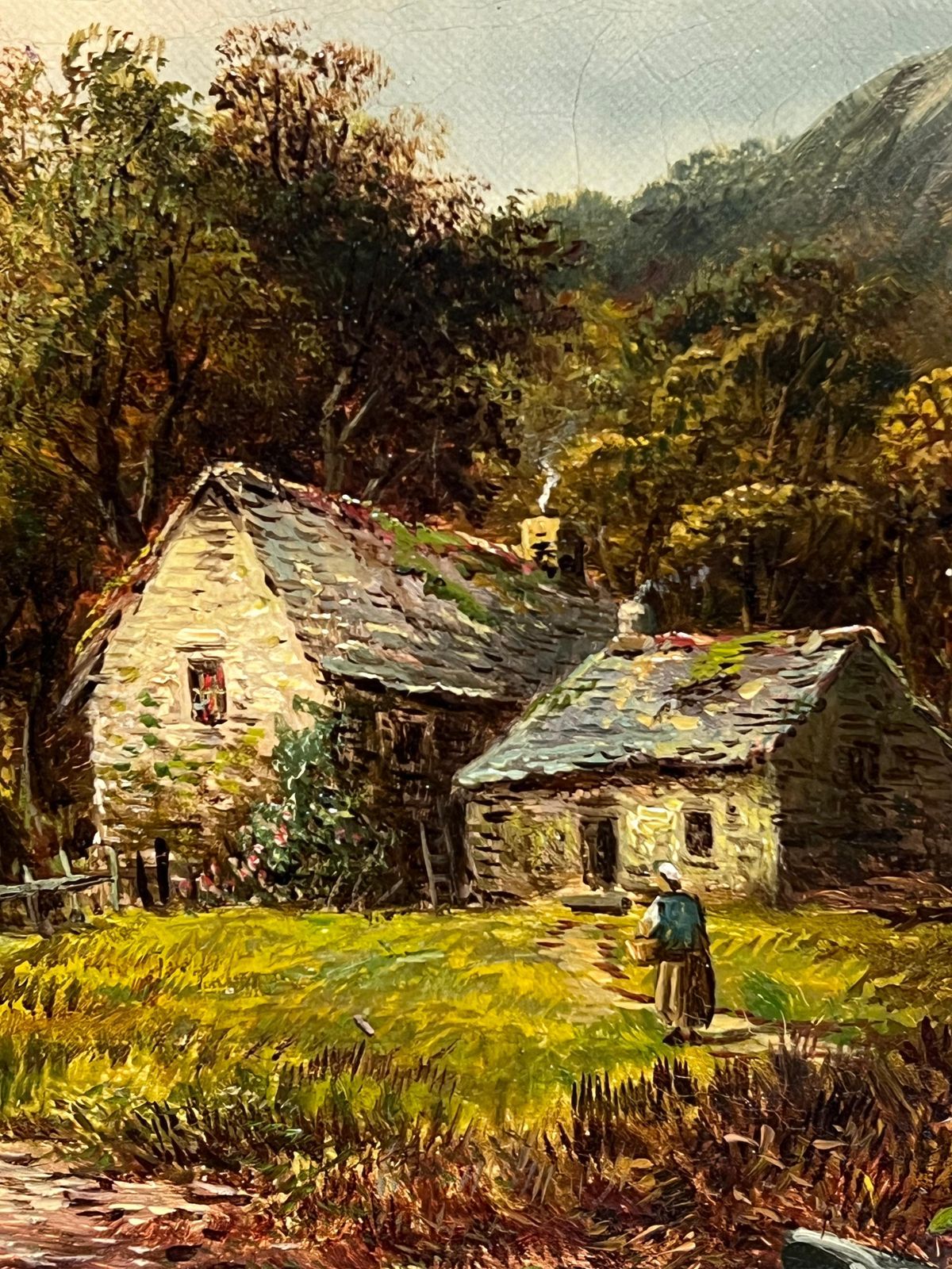 Art Welsh Victoriansigned Victorian Welsh Oil Painting Cottages By Lake And Mountain View 18881888 photo