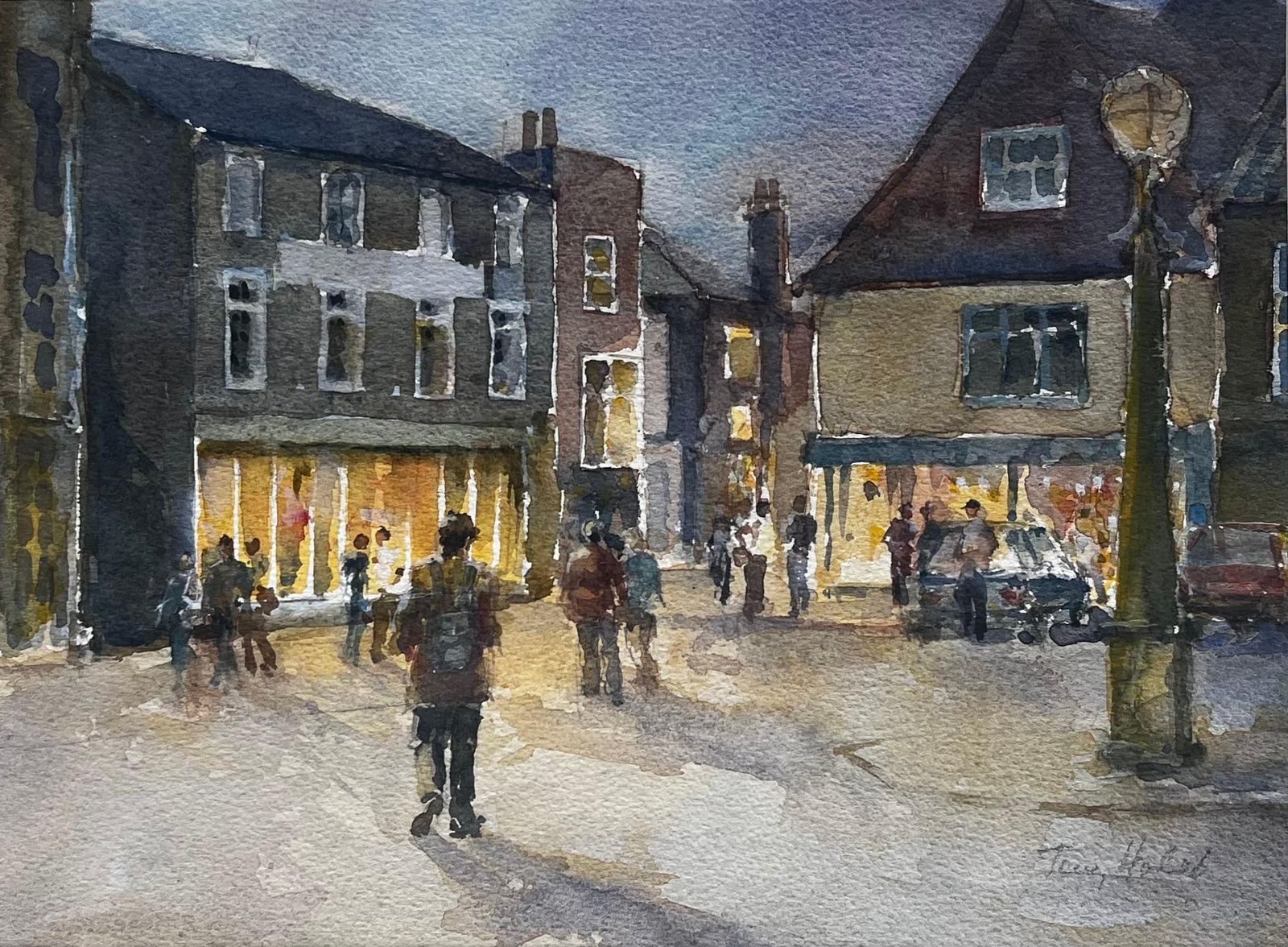 Anthony Herbertevening High Street Scene With Shoppers And Lit Windows British Watercolour