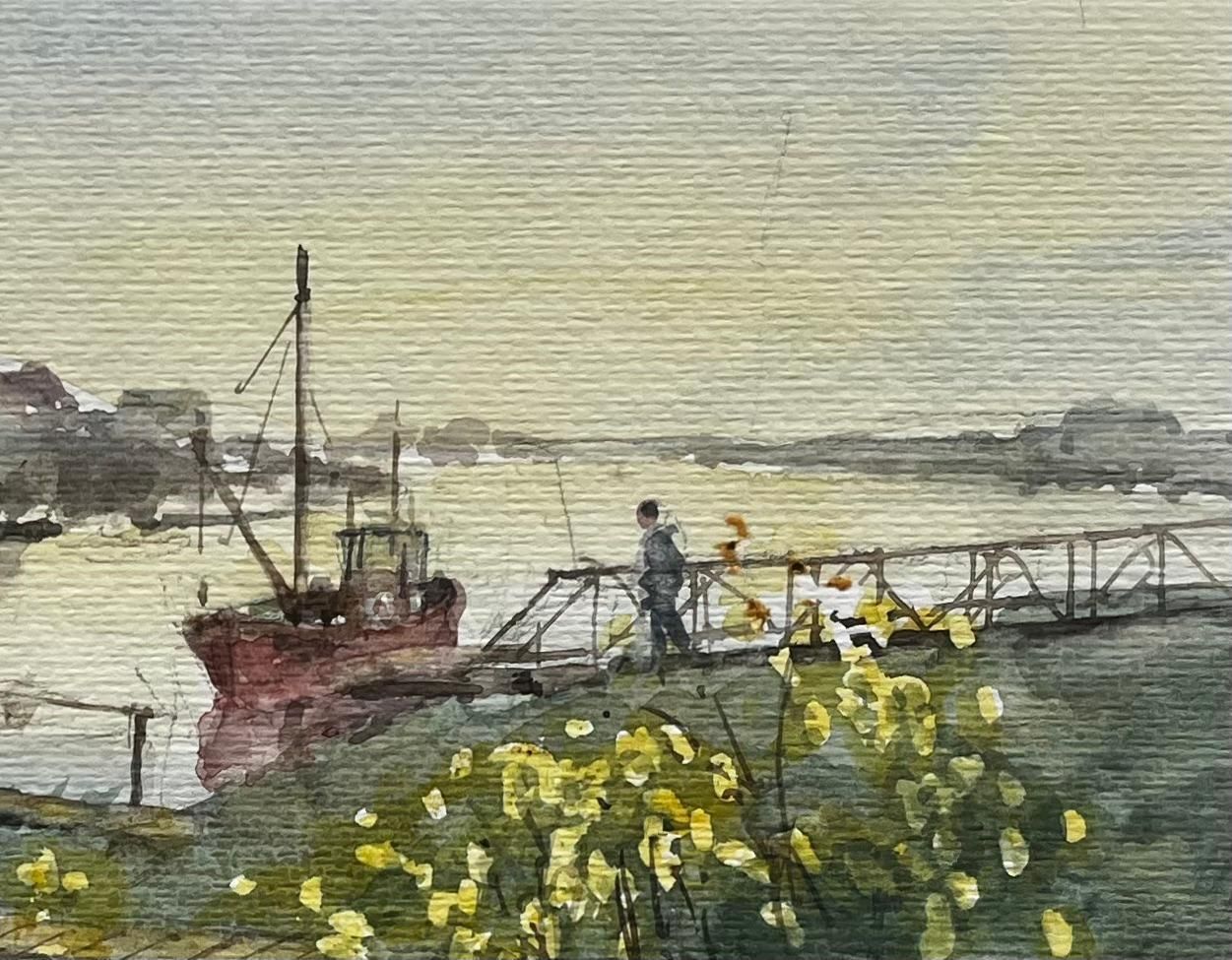 Anthony Herbertriver Jetty With Red Fishing Boat And Wildflowers British Coastal Landscape photo for sale