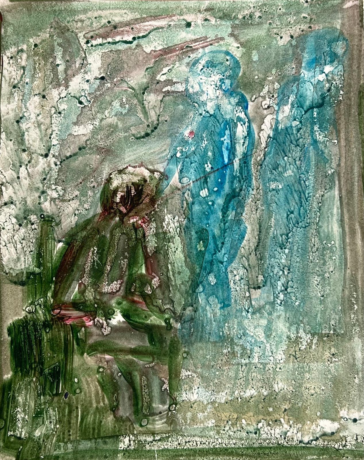 Robert Ladoufigure Fly Fishing In Blurry Landscape Original French Artwork20th Century