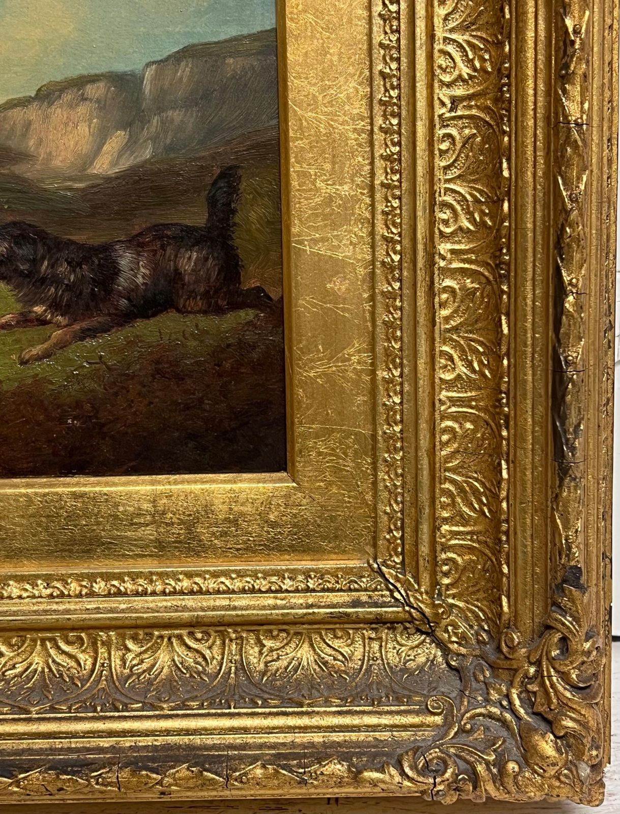 Fine Victorian English Oil Painting Three Terrier Dogs Highland Rabbit Hole photo vinterior