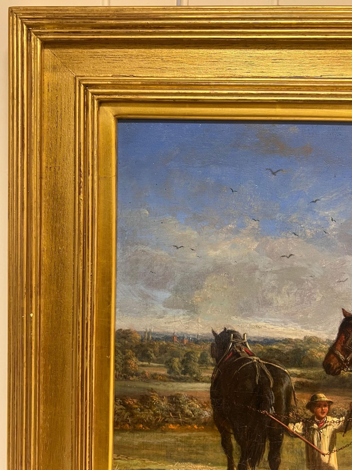 Mid 19th Century English Schoolfine Victorian English Rural Oil Painting Plough Team Horses & Figures In Field photo for sale