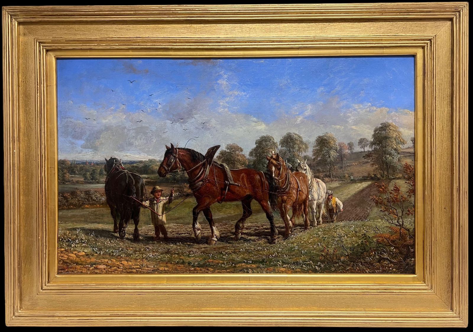 Mid 19th Century English Schoolfine Victorian English Rural Oil Painting Plough Team Horses & Figures In Field photo Art
