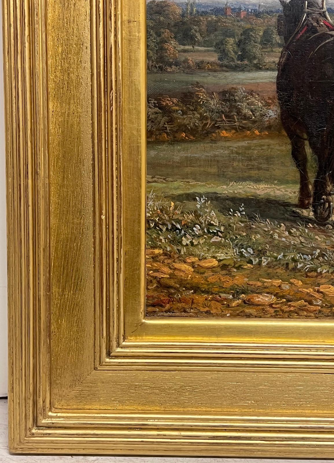 Mid 19th Century English Schoolfine Victorian English Rural Oil Painting Plough Team Horses & Figures In Field photo vinterior