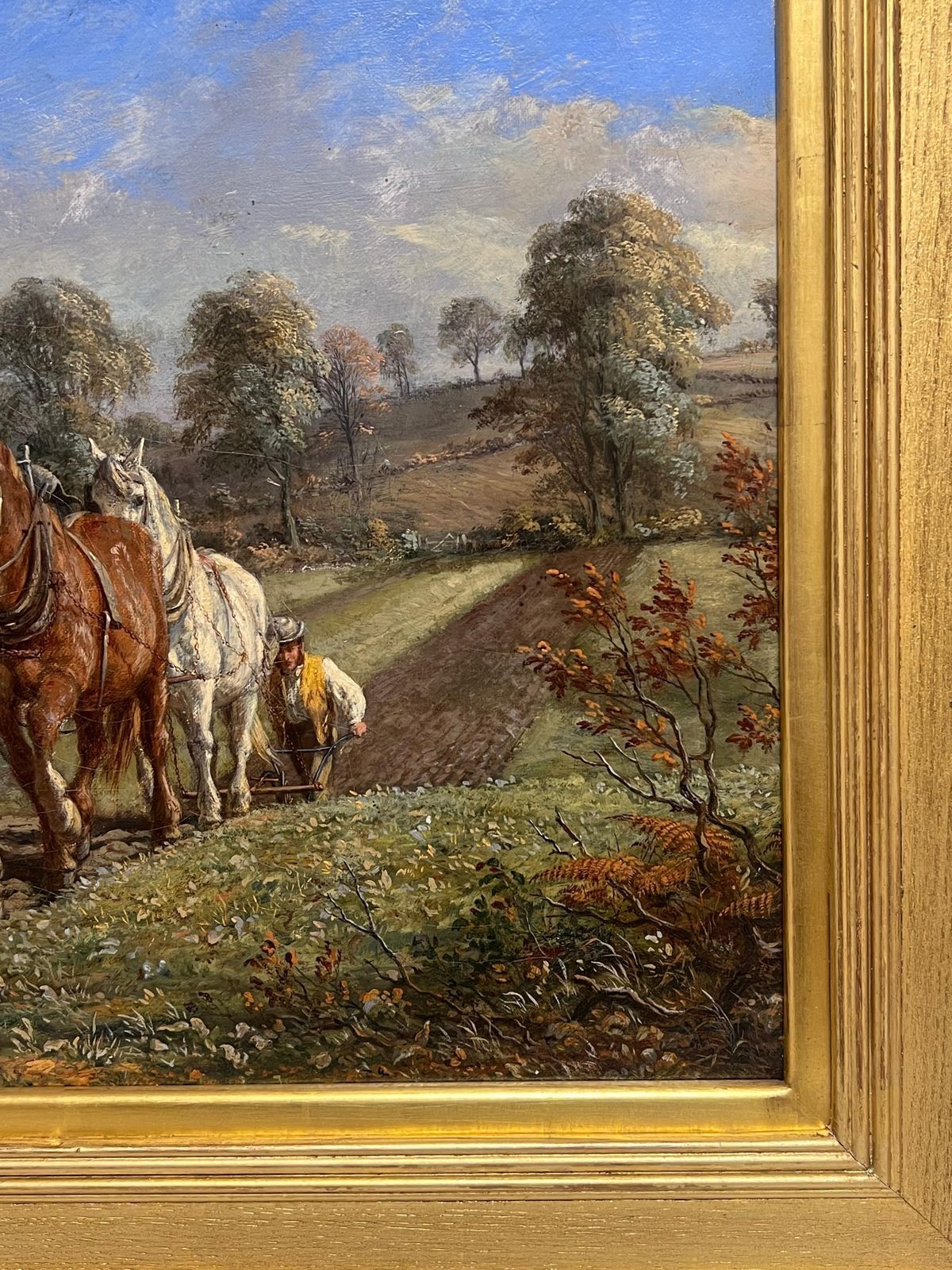 Mid 19th Century English Schoolfine Victorian English Rural Oil Painting Plough Team Horses & Figures In Field photo vintage