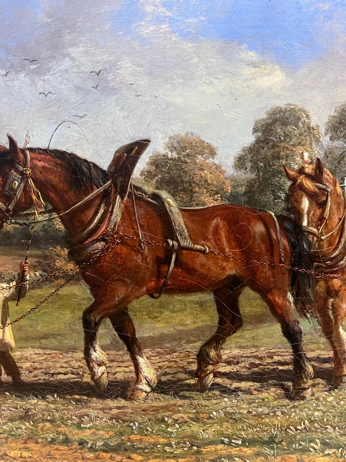 Art Mid 19th Century English Schoolfine Victorian English Rural Oil Painting Plough Team Horses & Figures In Field photo