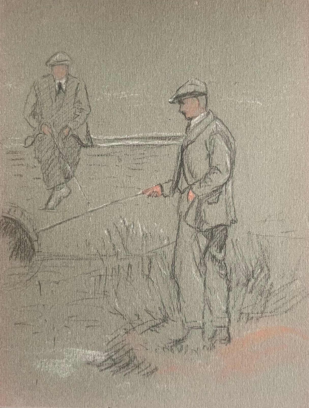 John Rabone Harveybritish Chalk Pencil Sketch Of Two Dapper Gentleman Fishing On The Riverbank1966