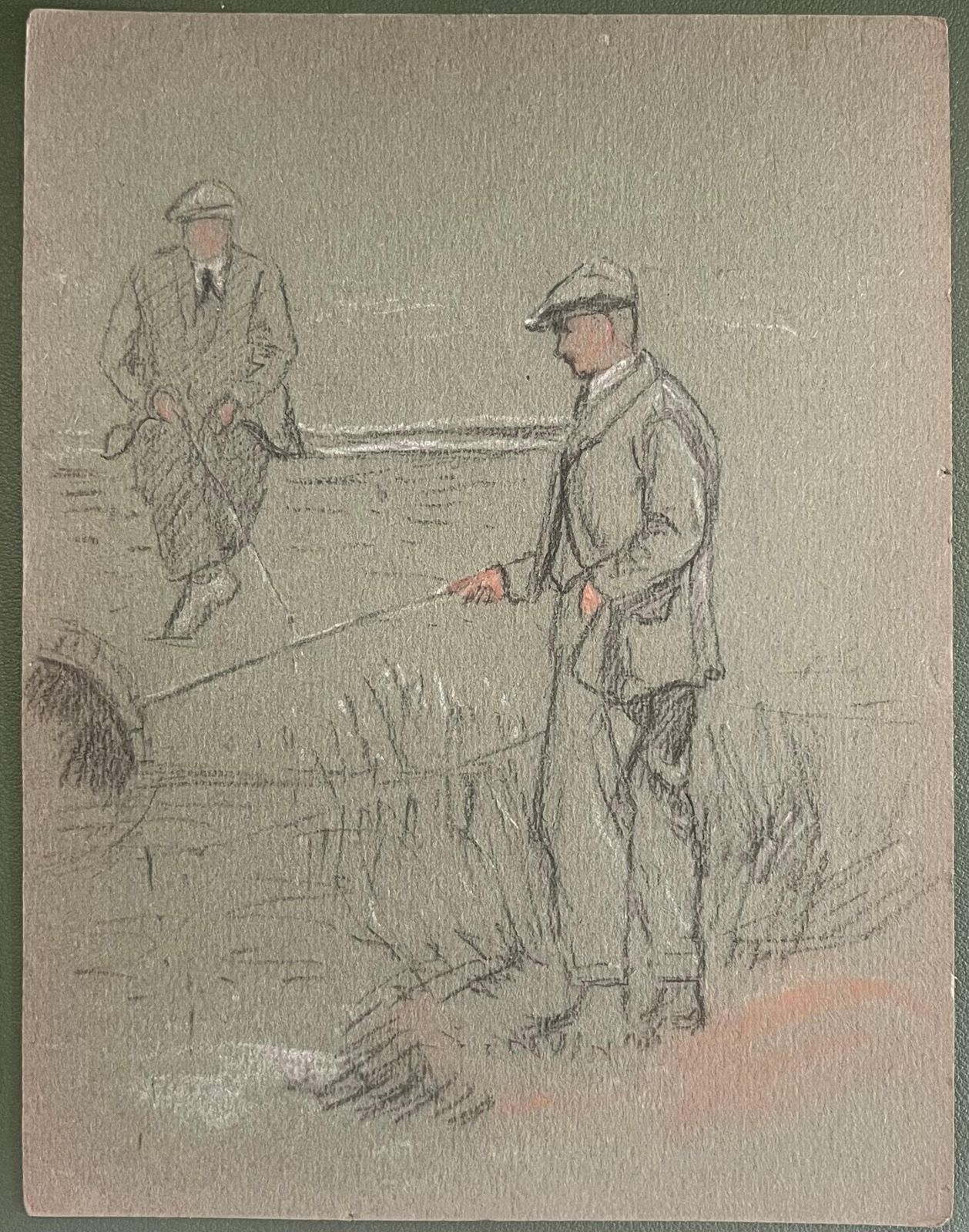 John Rabone Harveybritish Chalk Pencil Sketch Of Two Dapper Gentleman Fishing On The Riverbank1966 photo furniture