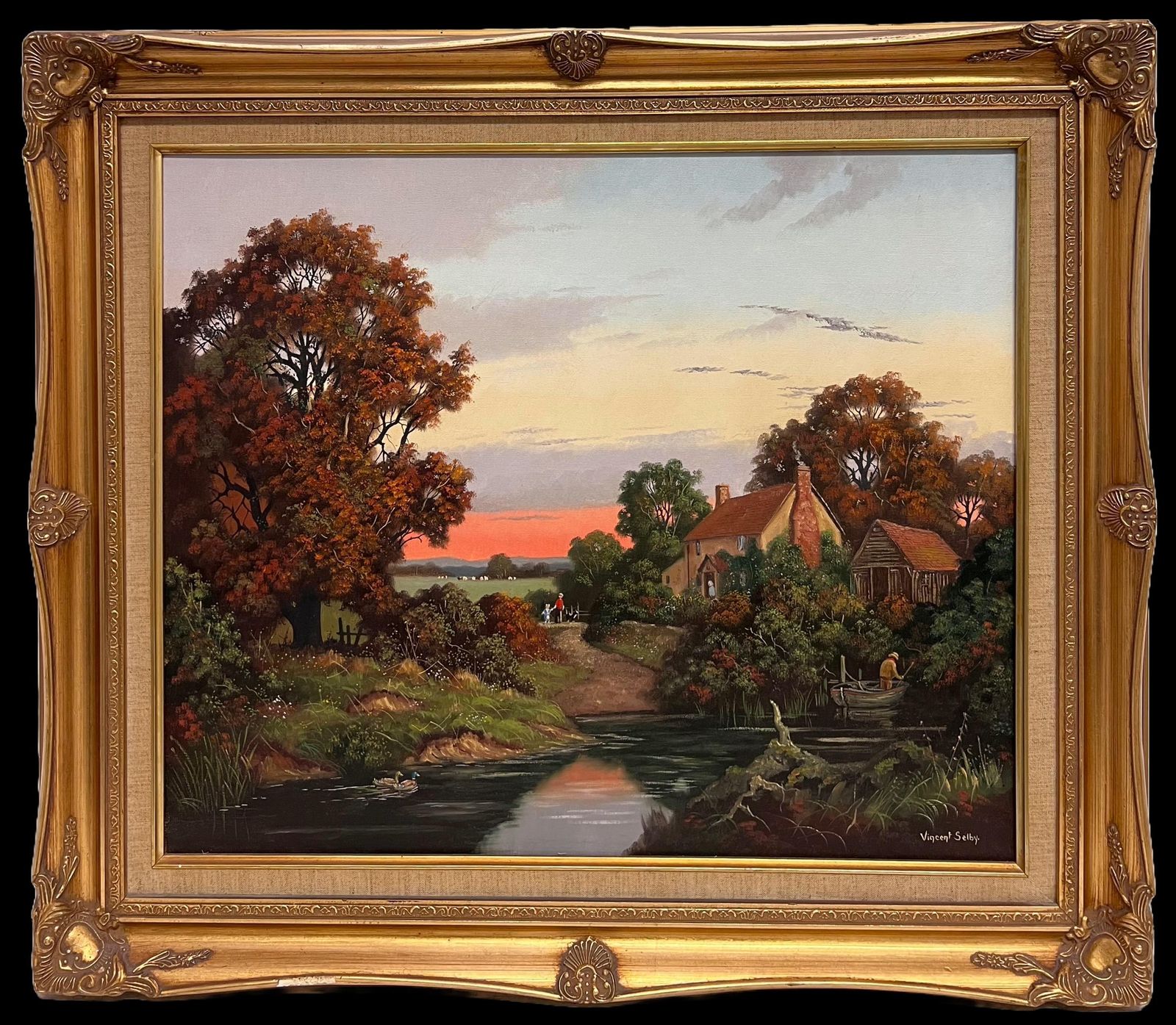 Vincent Selbysunset Over Derwent Valley Signed English Oil Painting Gilt Framed photo furniture