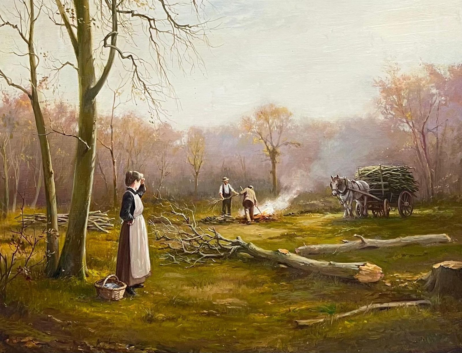 Antique English Schoollady In Woods With Logging Team Gatherin Firewood Fine English Oil Painting photo furniture