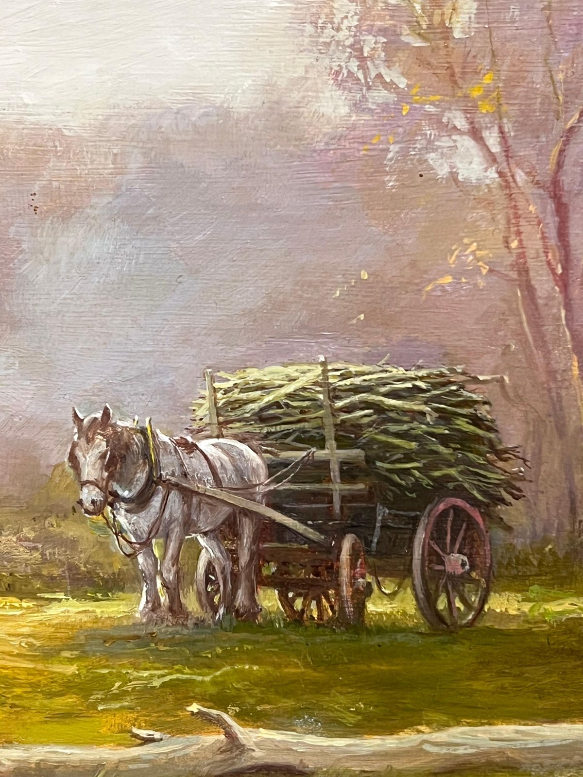 Antique English Schoollady In Woods With Logging Team Gatherin Firewood Fine English Oil Painting photo vintage