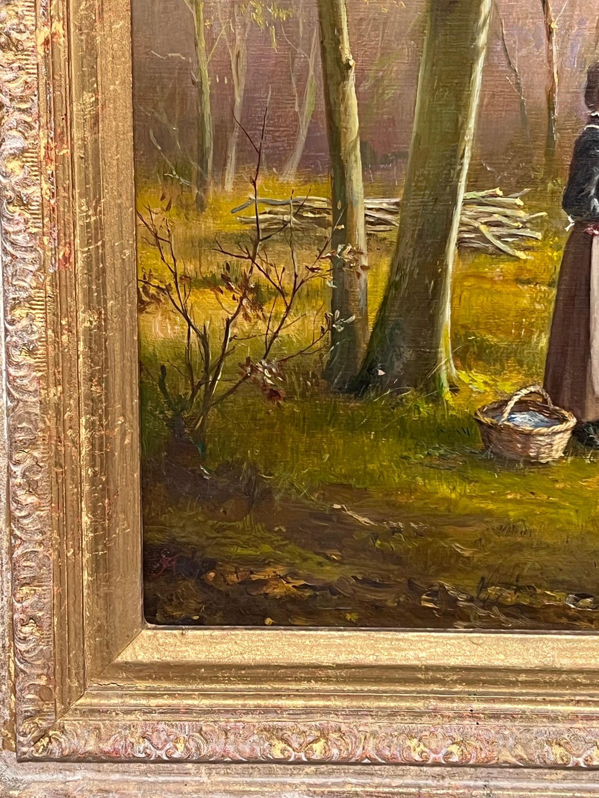 Art Antique English Schoollady In Woods With Logging Team Gatherin Firewood Fine English Oil Painting photo