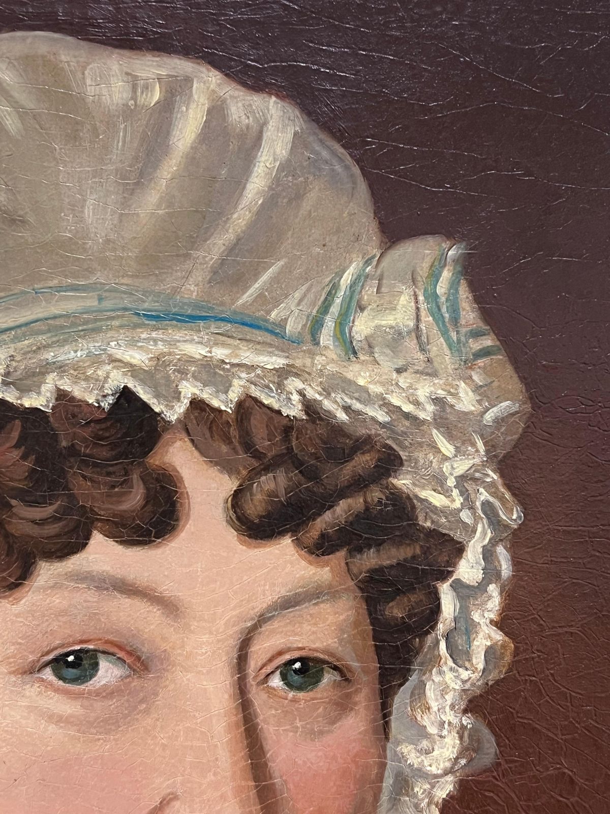 British School Fine 1800's Georgian English Portrait Of Lady In Lace Bonnet Blue Shawl, Oilc. 1820 photo for sale