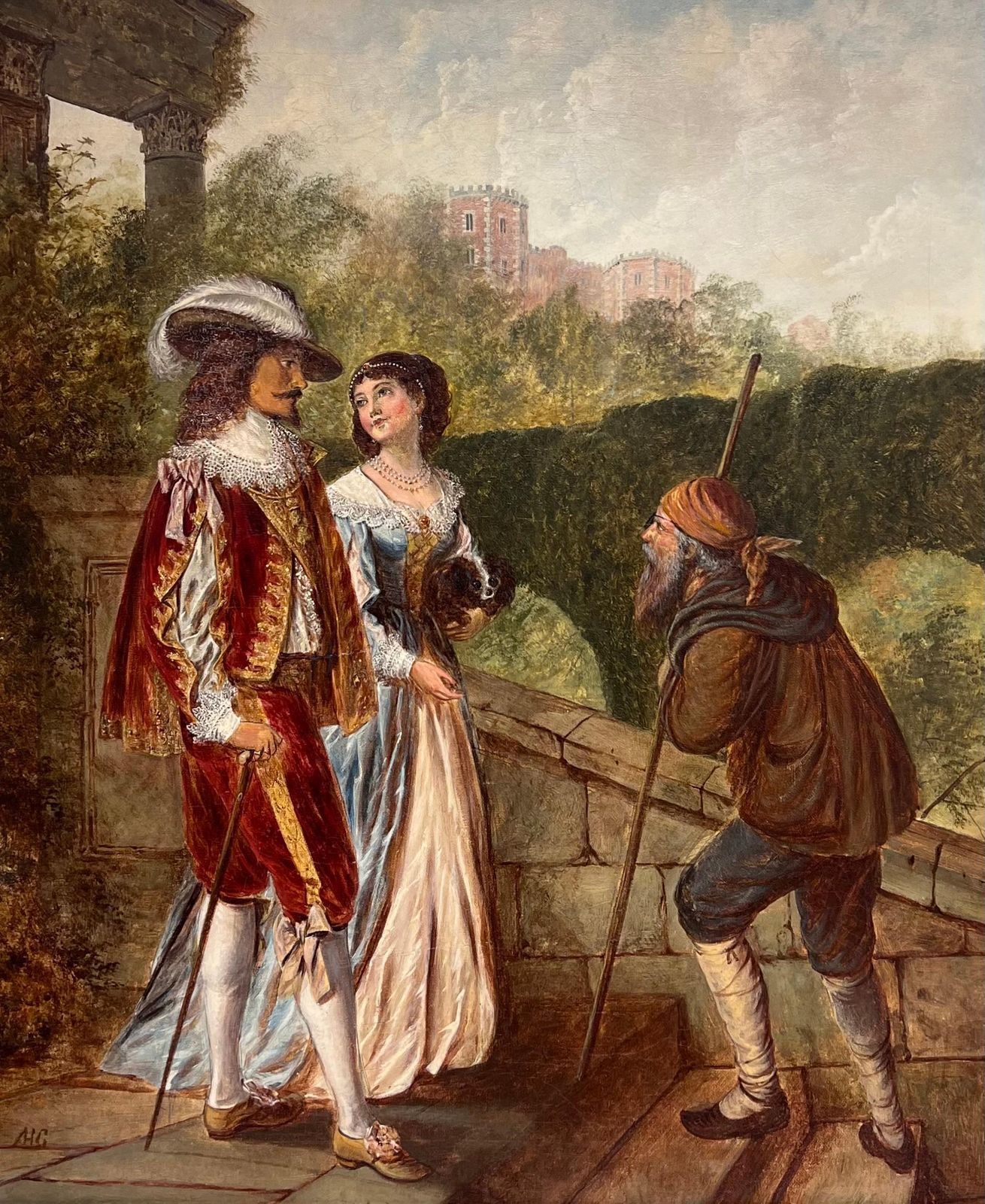 British School Large 19th Century British Victorian Signed Oil Beggar With Gentry Couple