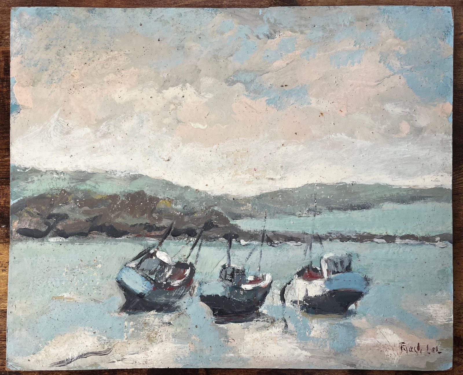 Fanch Lelfrench Coastal Scene With Beached Fishing Boats And Rolling Hills photo furniture