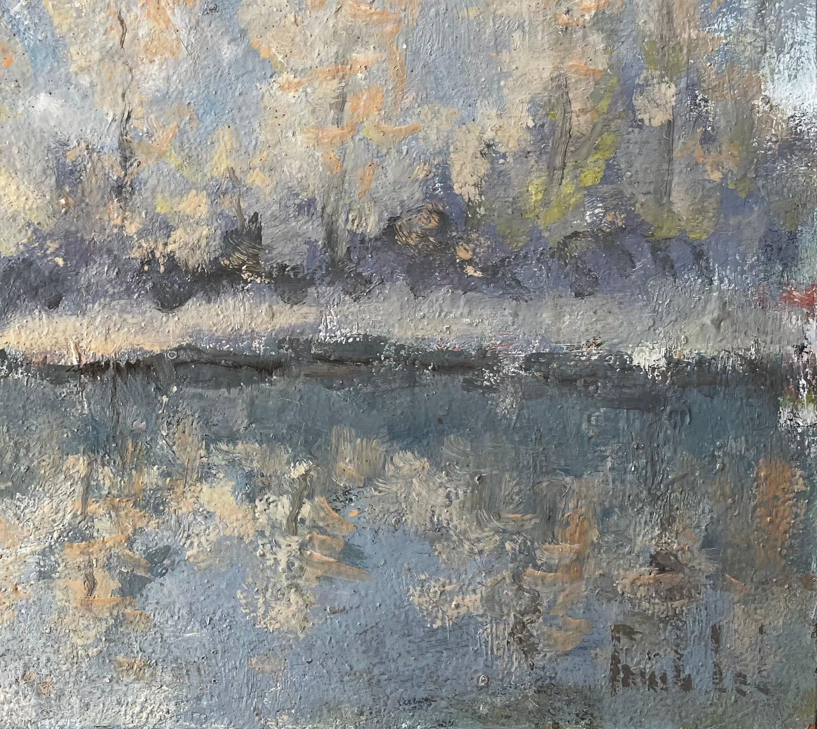 Fanch Lelfrench Autumn River Scene With Fisherman And Reflected Poplar Trees photo for sale