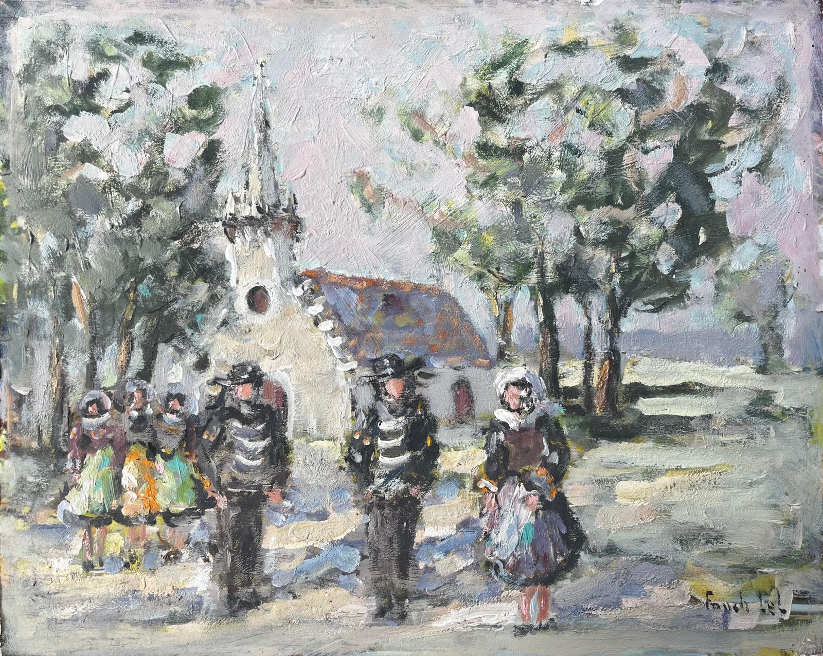 Fanch Lelfrench Village Wedding Scene With Church Trees And Traditional Dress Painting