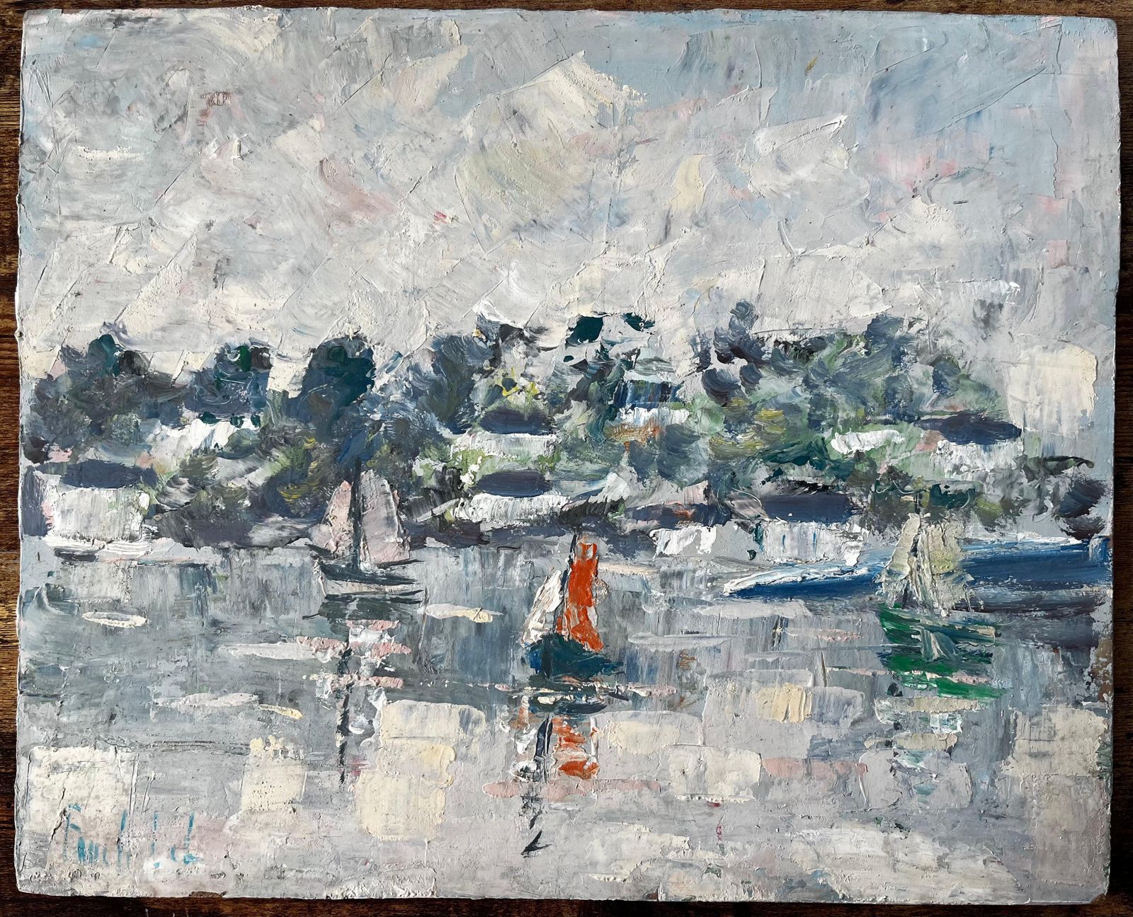Fanch Lelfrench Coastal Harbour Scene With Sailboats And Reflections Mid Century Painting photo furniture