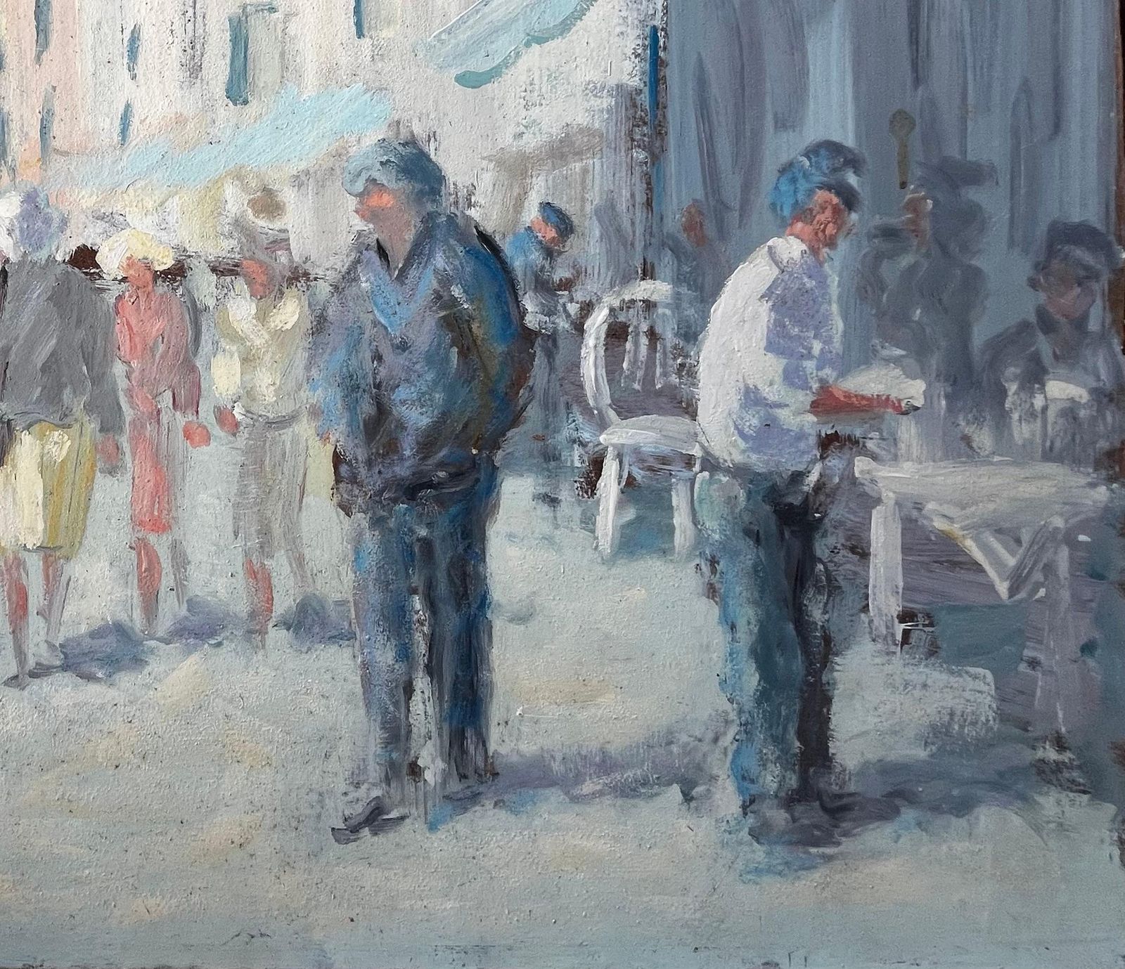 Fanch Lelfrench Market Day With Figures And Cafe Awnings In Sunlit Street By Fanch Lel photo for sale