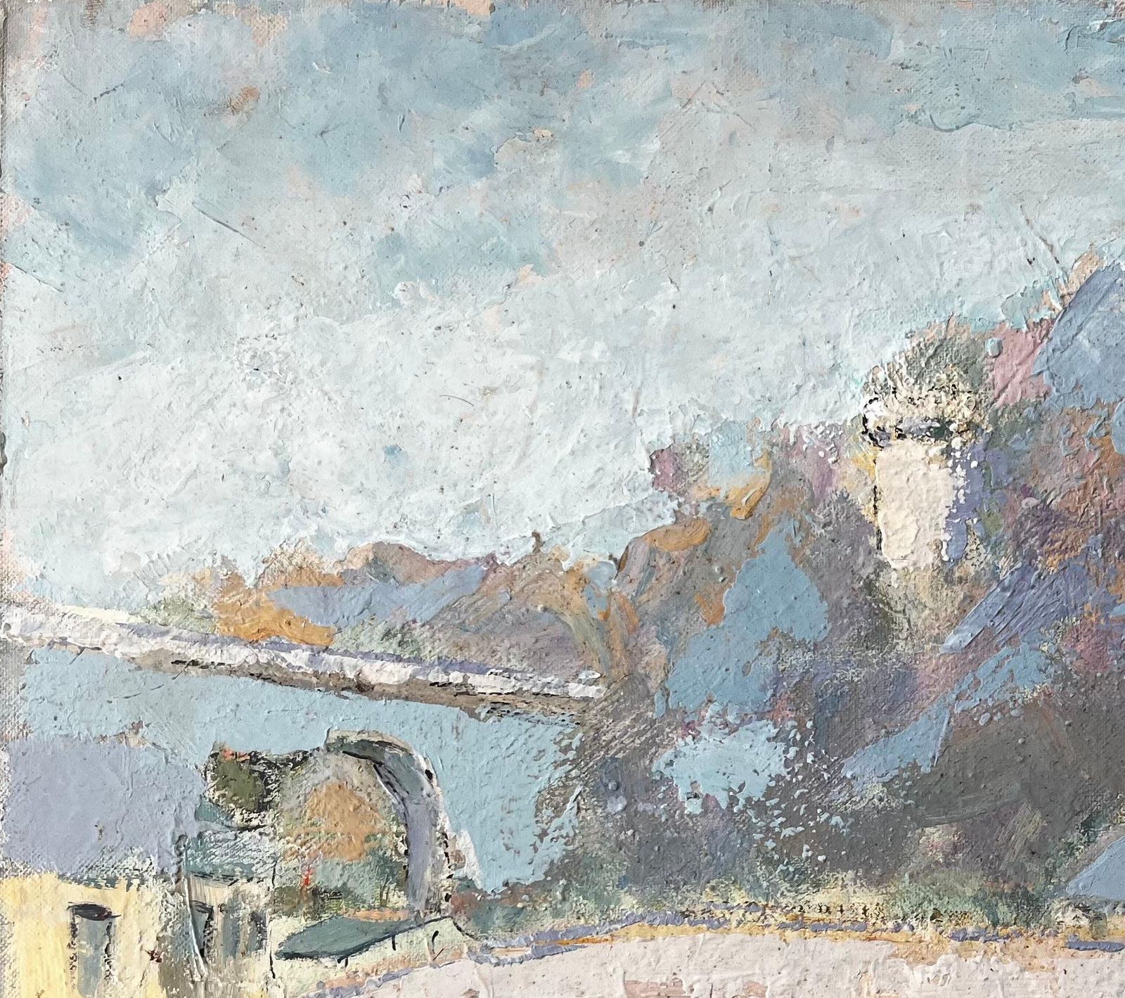 Fanch Lelfrench Riverside Village Dinan With Stone Bridge And Blue Roofs Oil Painting1991 photo vinterior