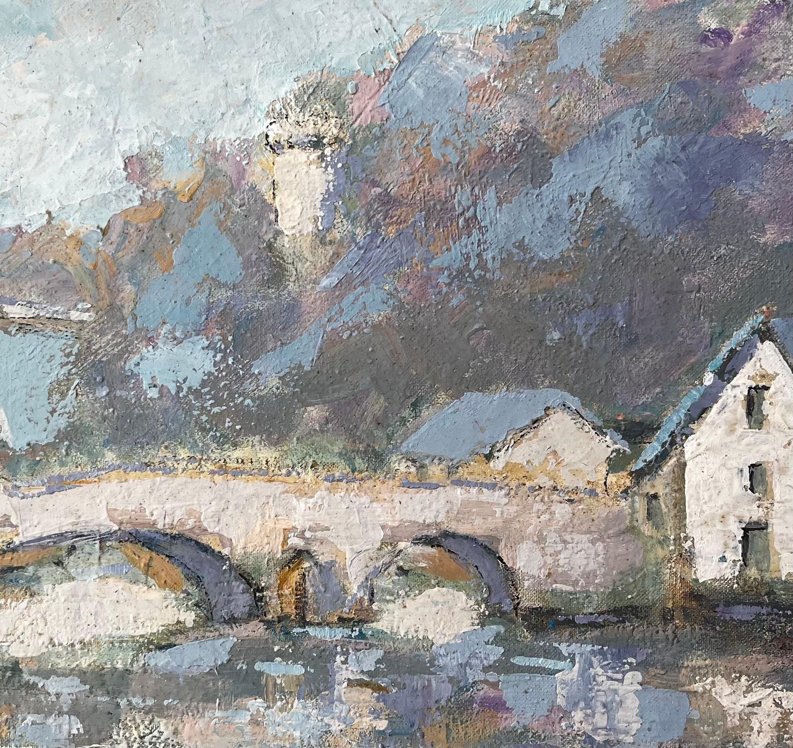Fanch Lelfrench Riverside Village Dinan With Stone Bridge And Blue Roofs Oil Painting1991 photo buy