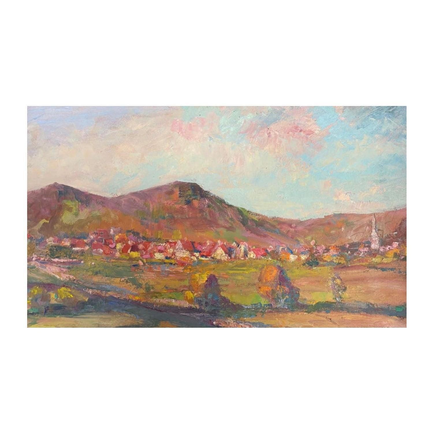 Leon Hatotvintage French Impressionist Oil Pink Sunset Over Provence Village1950