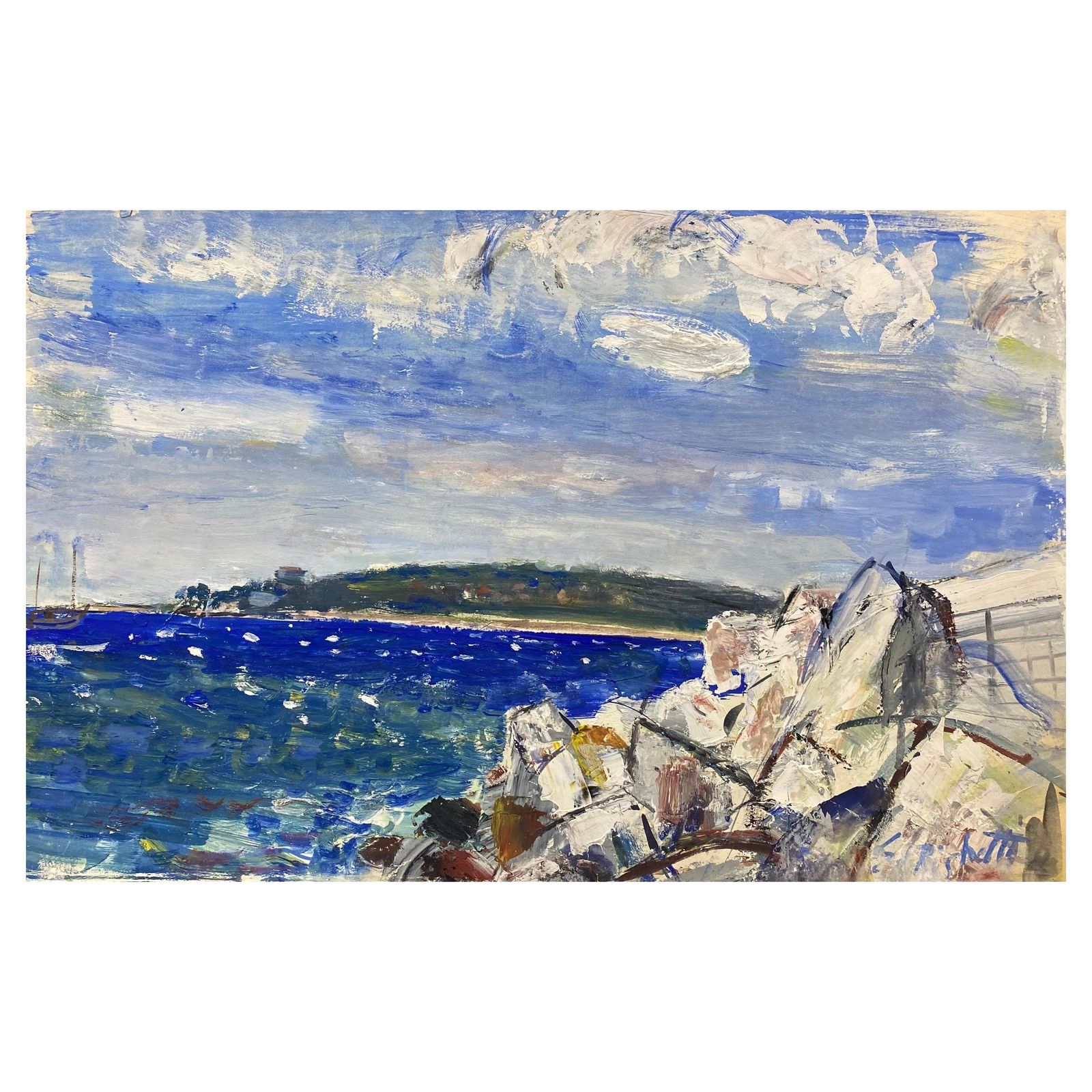 Unknownmid Century French Post Impressionist Painting, French Sea Over Rocks1950