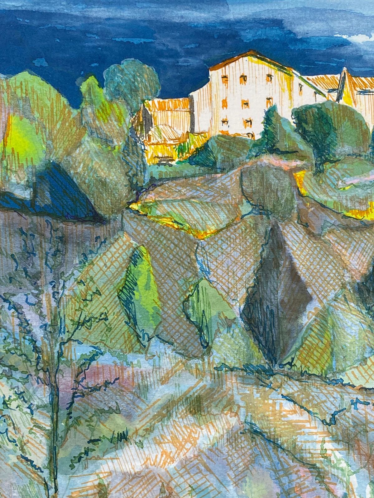 Unknown1950's French Modernist/ Cubist Painting Signed, French Landscape1950 photo vintage